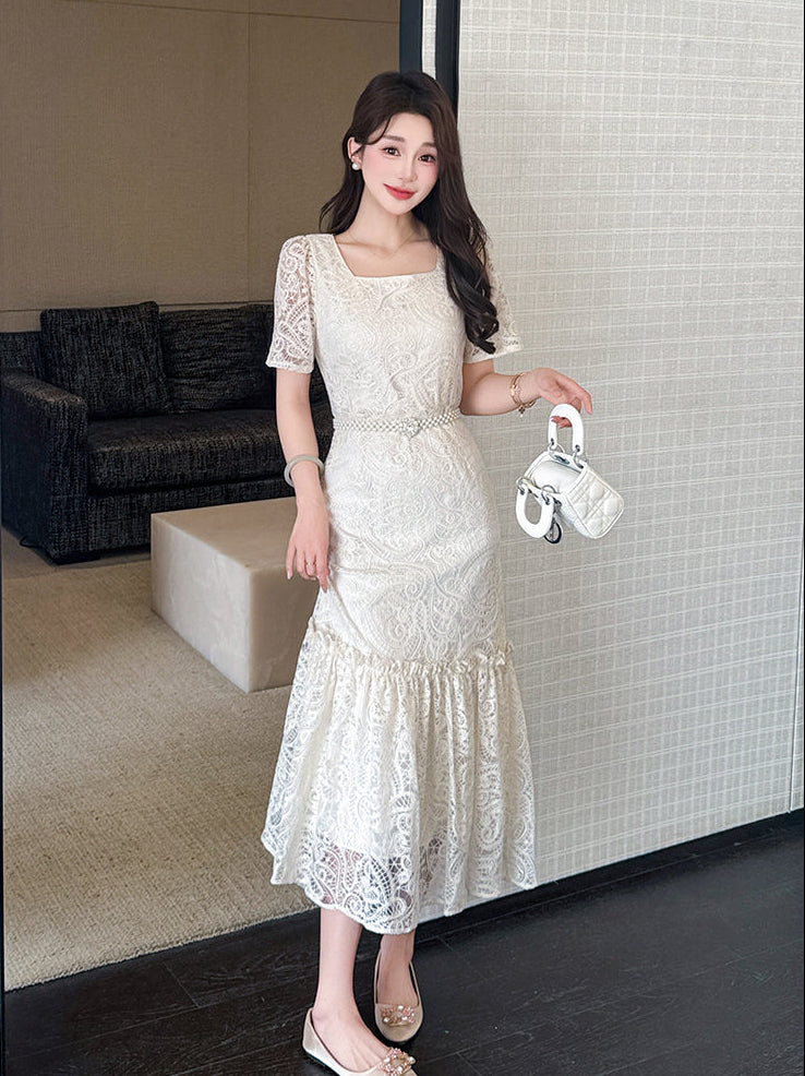 Aurelia Vintage Lace Mermaid Midi Dress- Floral Embroidery & Ruffle Hem