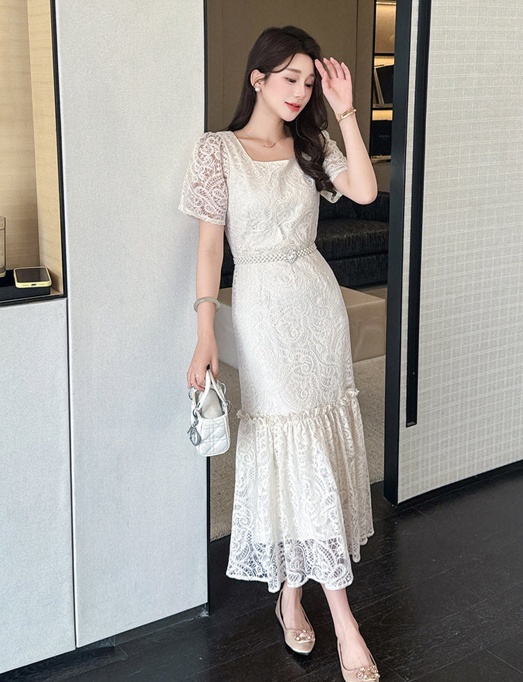 Aurelia Vintage Lace Mermaid Midi Dress- Floral Embroidery & Ruffle Hem