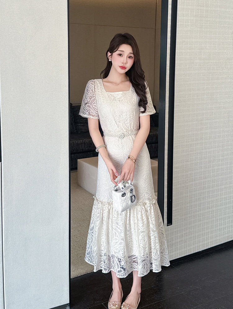 Aurelia Vintage Lace Mermaid Midi Dress- Floral Embroidery & Ruffle Hem