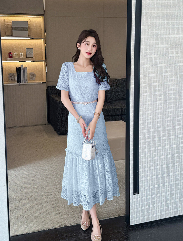 Aurelia Vintage Lace Mermaid Midi Dress- Floral Embroidery & Ruffle Hem
