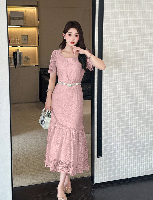 Aurelia Vintage Lace Mermaid Midi Dress- Floral Embroidery & Ruffle Hem