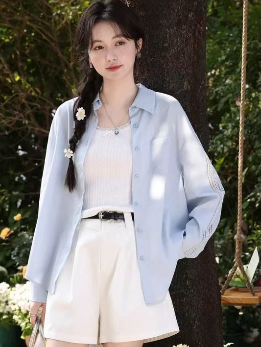 Lace Trim Light Blue Button-Down Blouse | Oversize Cottagecore Shirt