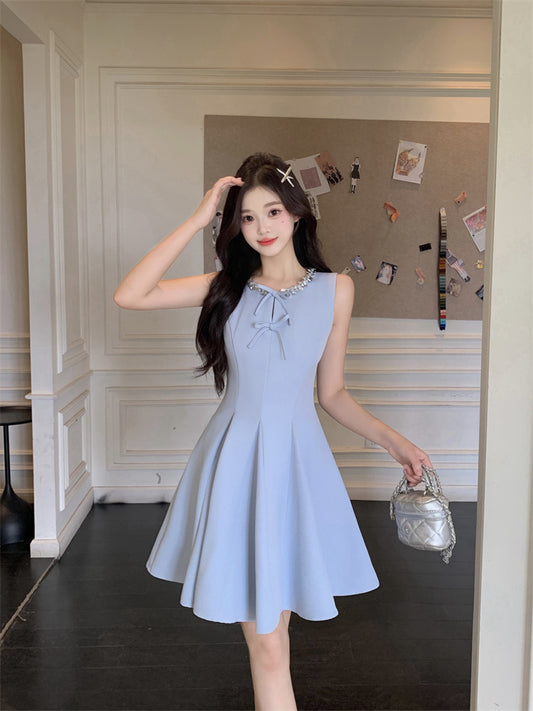 Sky Blue Sleeveless Fit And Flare With Double Bow Accents