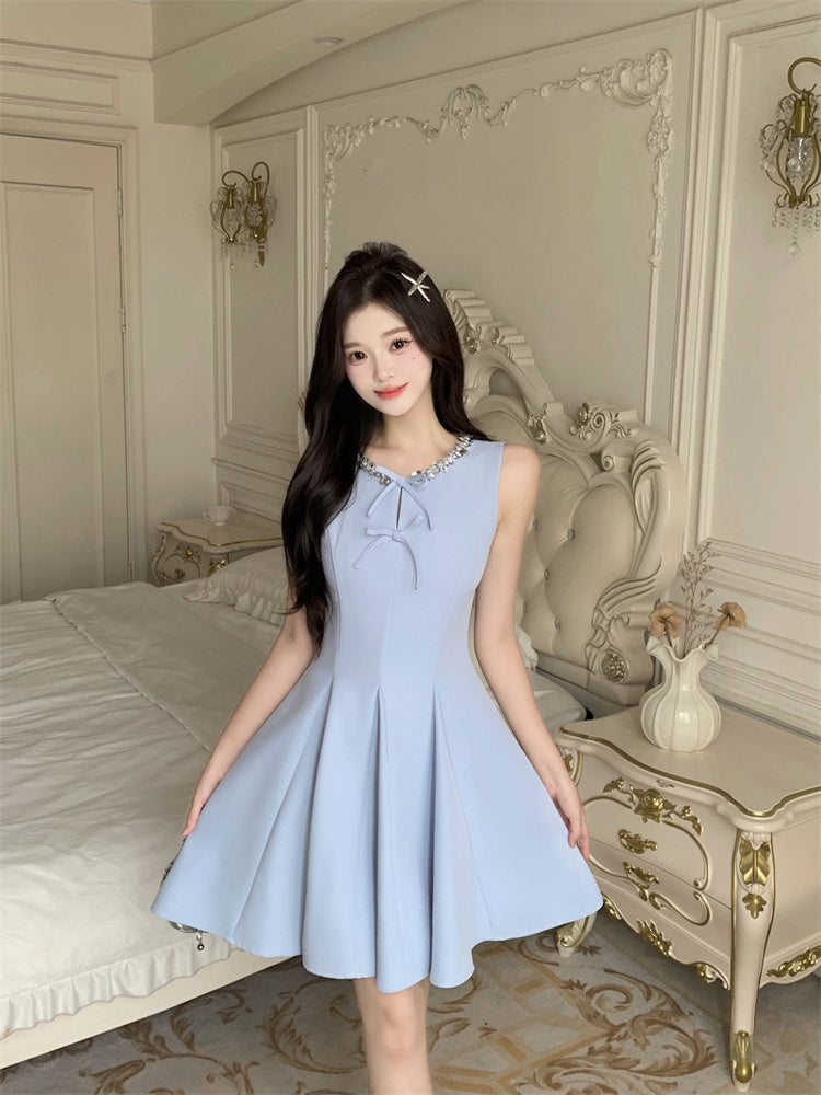 Sky Blue Sleeveless Fit And Flare With Double Bow Accents