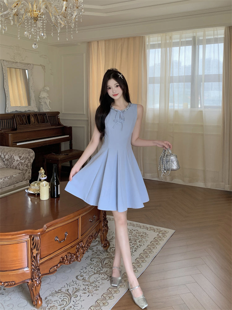 Sky Blue Sleeveless Fit And Flare With Double Bow Accents