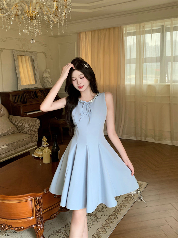 Sky Blue Sleeveless Fit And Flare With Double Bow Accents