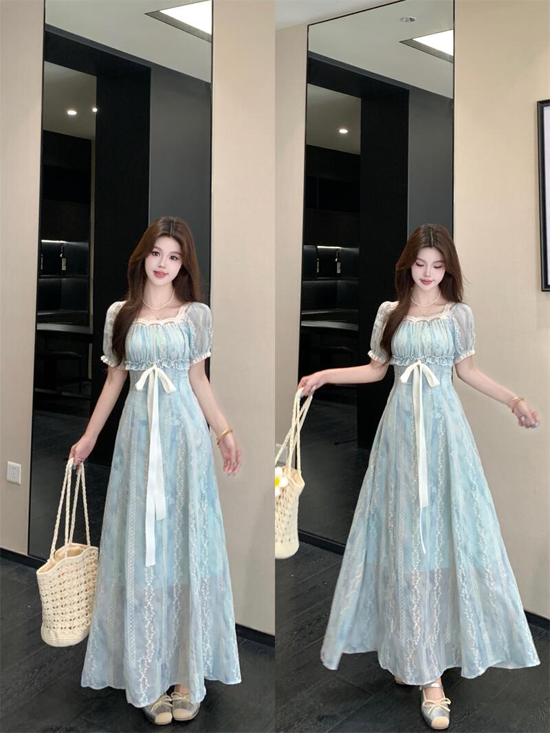 Light Blue Floral Lace A-Line Maxi Dress With Ribbon Tie Detail