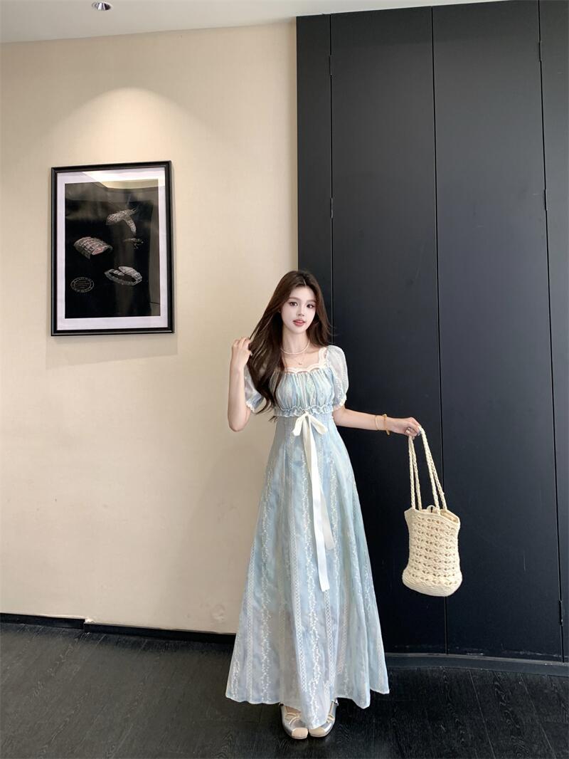 Light Blue Floral Lace A-Line Maxi Dress With Ribbon Tie Detail