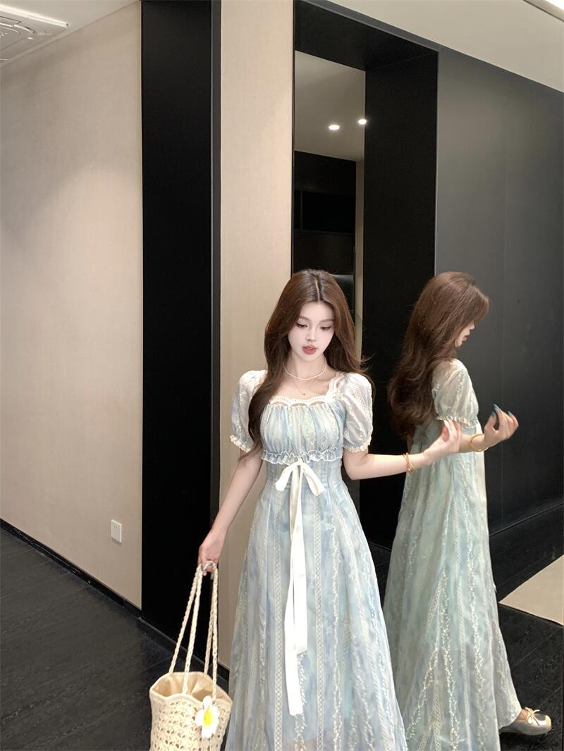 Light Blue Floral Lace A-Line Maxi Dress With Ribbon Tie Detail