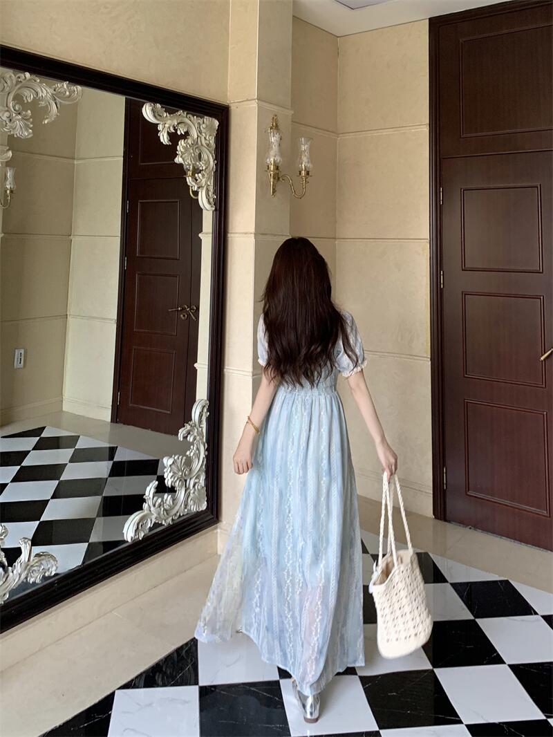 Light Blue Floral Lace A-Line Maxi Dress With Ribbon Tie Detail