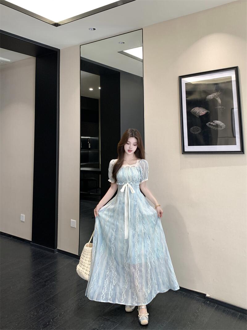 Light Blue Floral Lace A-Line Maxi Dress With Ribbon Tie Detail
