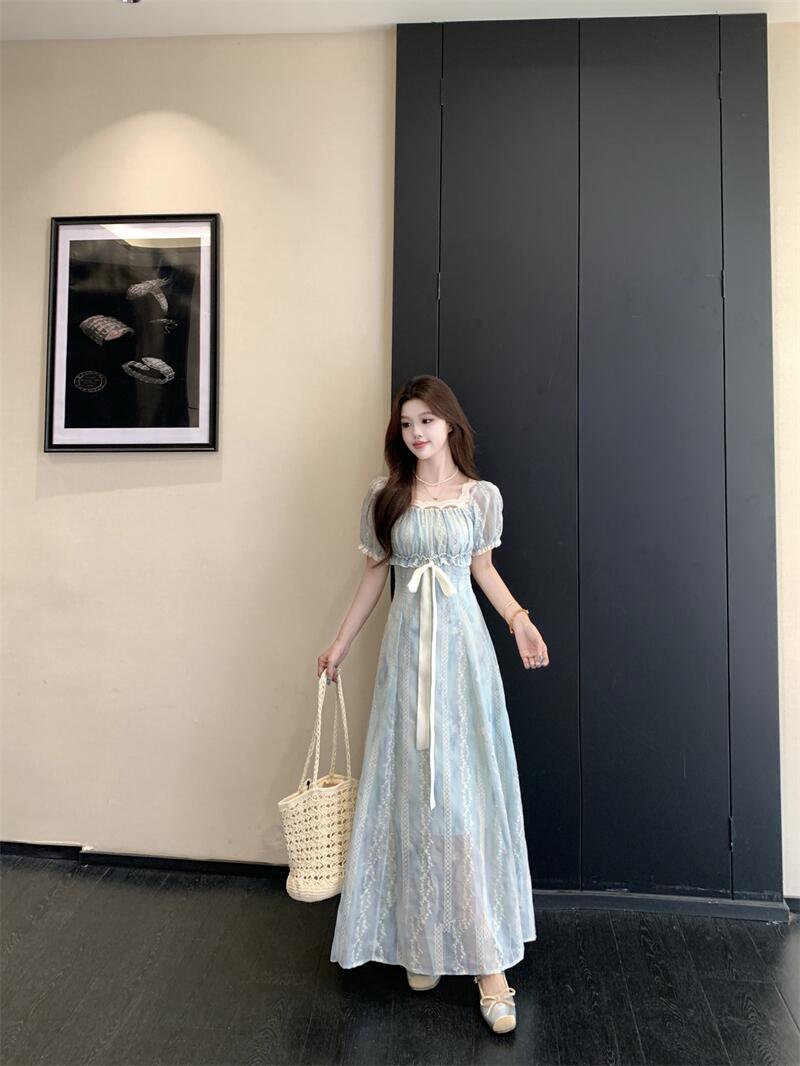Light Blue Floral Lace A-Line Maxi Dress With Ribbon Tie Detail
