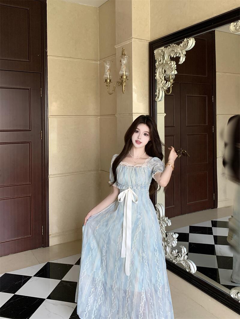 Light Blue Floral Lace A-Line Maxi Dress With Ribbon Tie Detail
