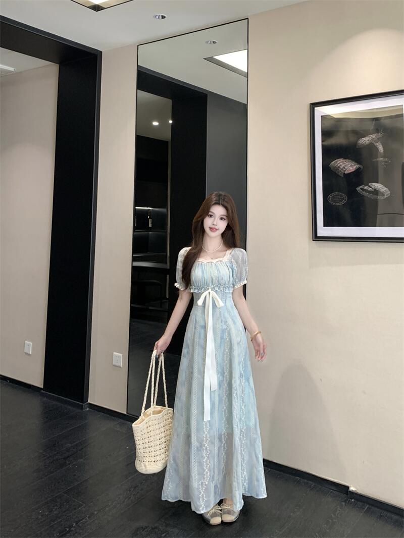 Light Blue Floral Lace A-Line Maxi Dress With Ribbon Tie Detail