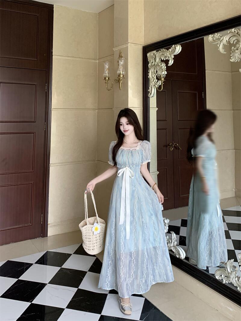 Light Blue Floral Lace A-Line Maxi Dress With Ribbon Tie Detail