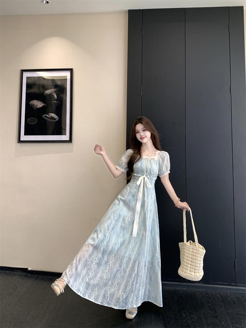Light Blue Floral Lace A-Line Maxi Dress With Ribbon Tie Detail