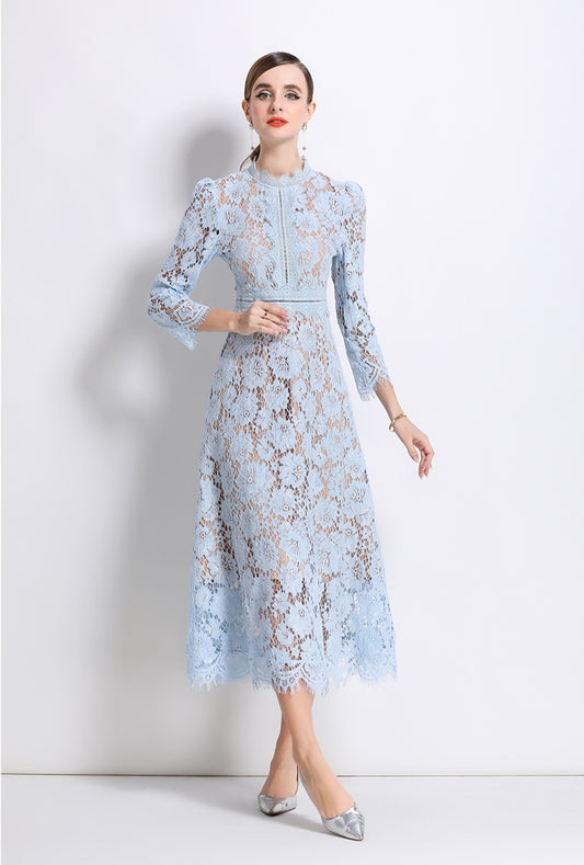 Light Blue Elegant Round Neck Hollowed-out Lace Dress