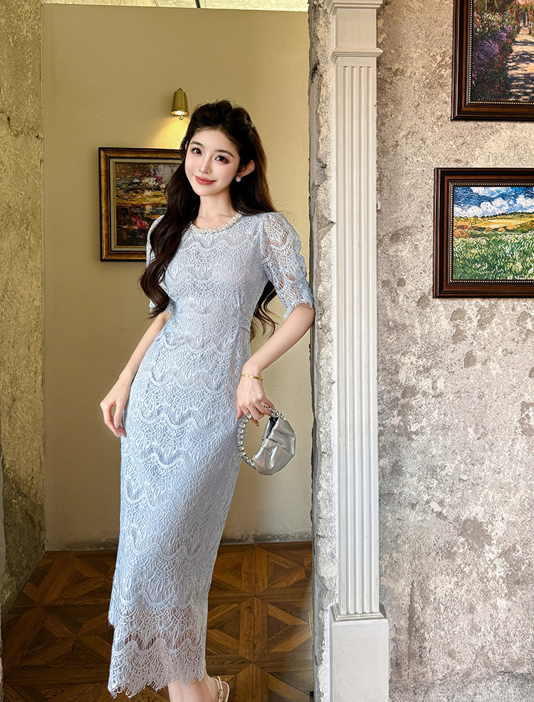 Aurora Vintage Floral Lace Midi Dress With Scalloped Hem