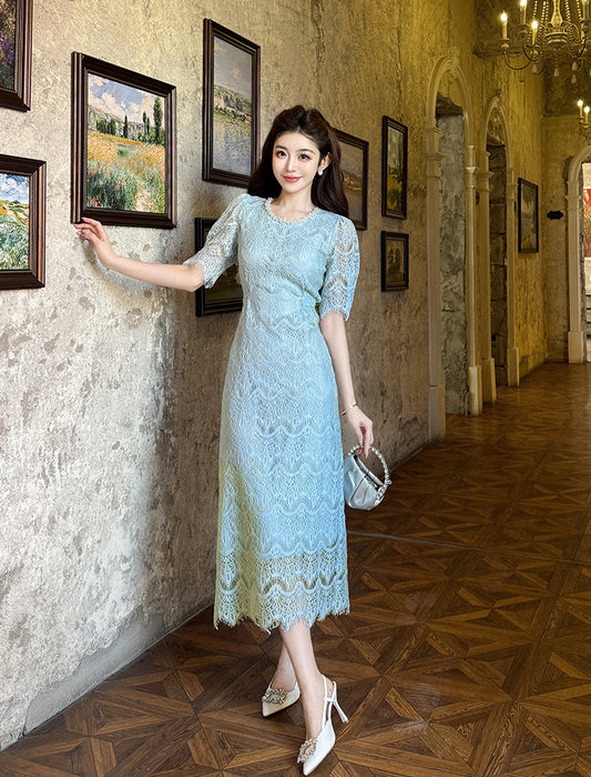 Aurora Vintage Floral Lace Midi Dress With Scalloped Hem