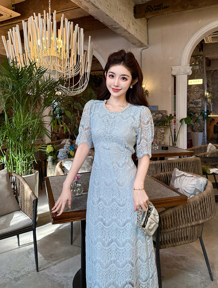 Aurora Vintage Floral Lace Midi Dress With Scalloped Hem