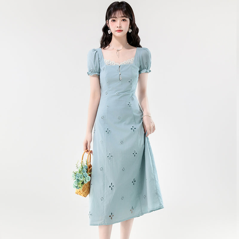 Light Blue Lace Square Neck Eyelet Puff Sleeve A-Line Dress