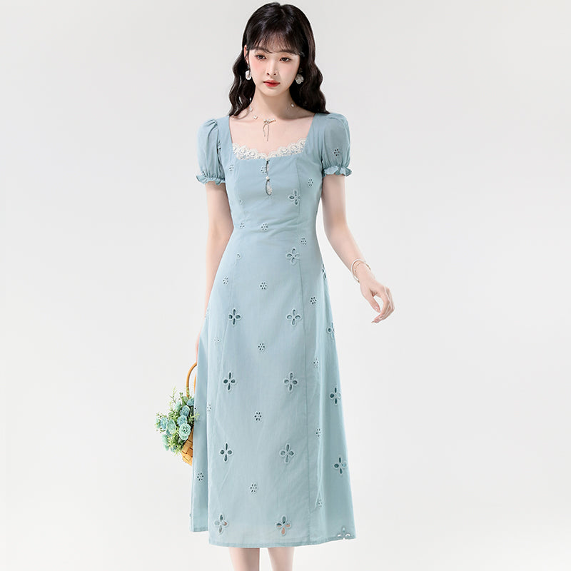 Light Blue Lace Square Neck Eyelet Puff Sleeve A-Line Dress