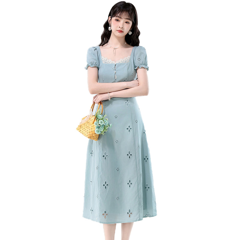 Light Blue Lace Square Neck Eyelet Puff Sleeve A-Line Dress