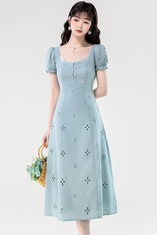 Light Blue Lace Square Neck Eyelet Puff Sleeve A-Line Dress