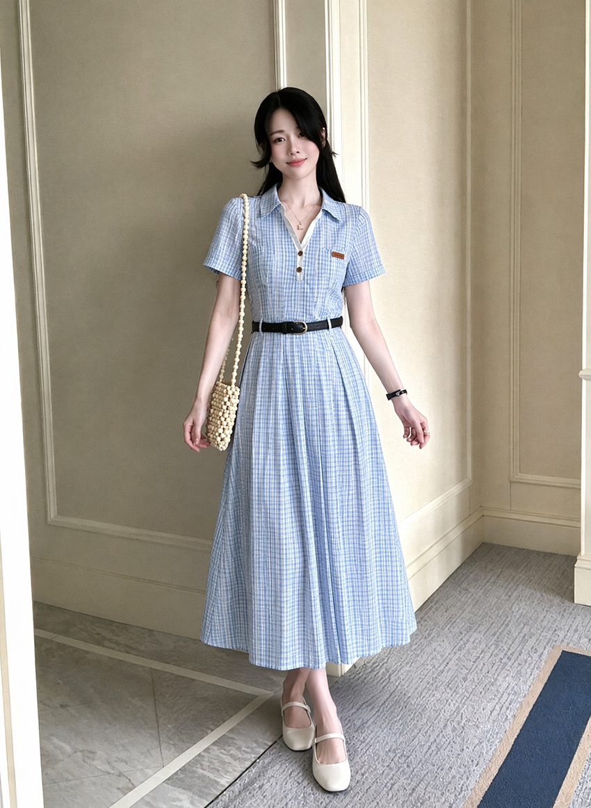 Light Blue Plaid Lapel Collar Pleated Midi Dress