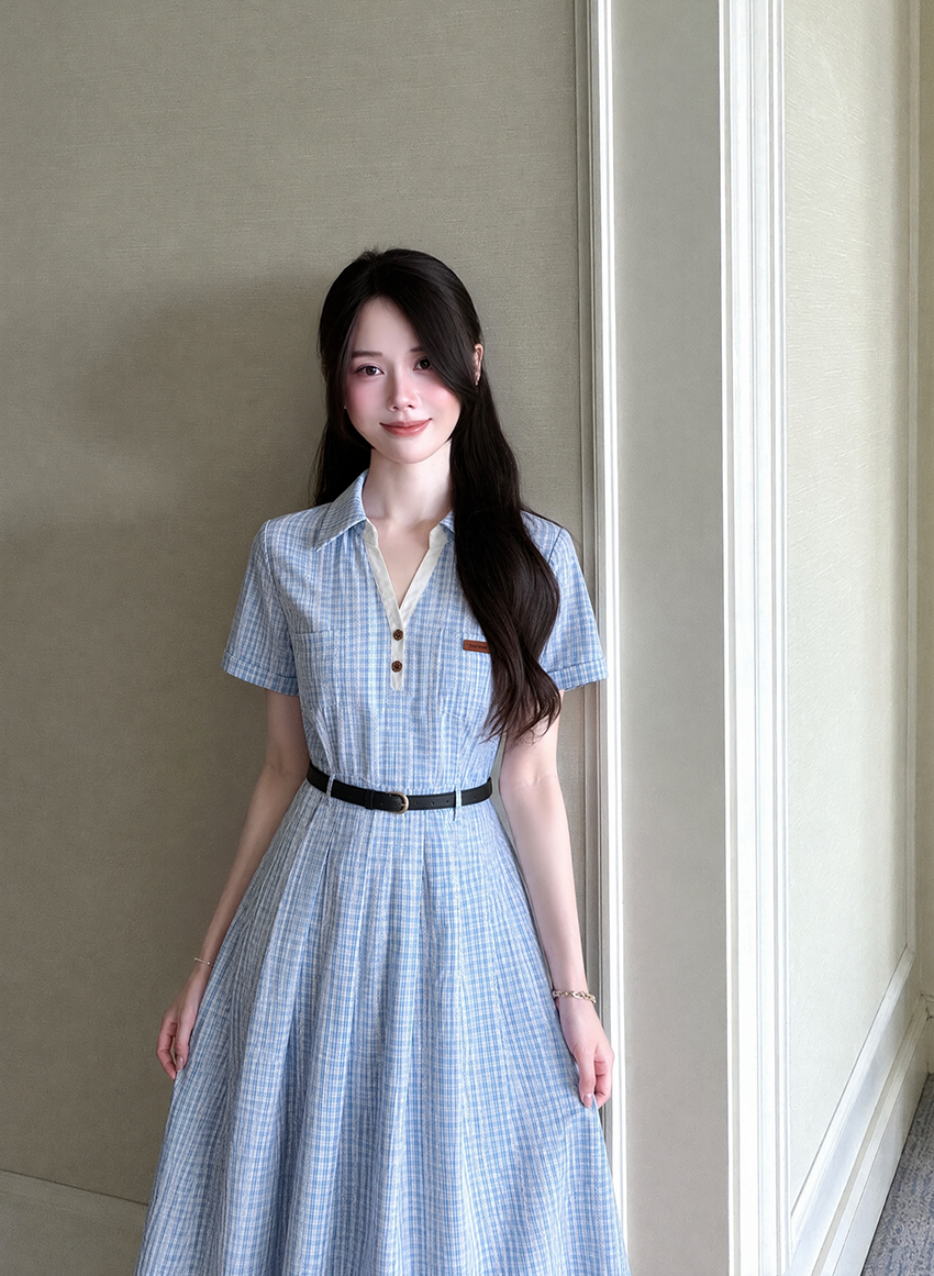 Light Blue Plaid Lapel Collar Pleated Midi Dress