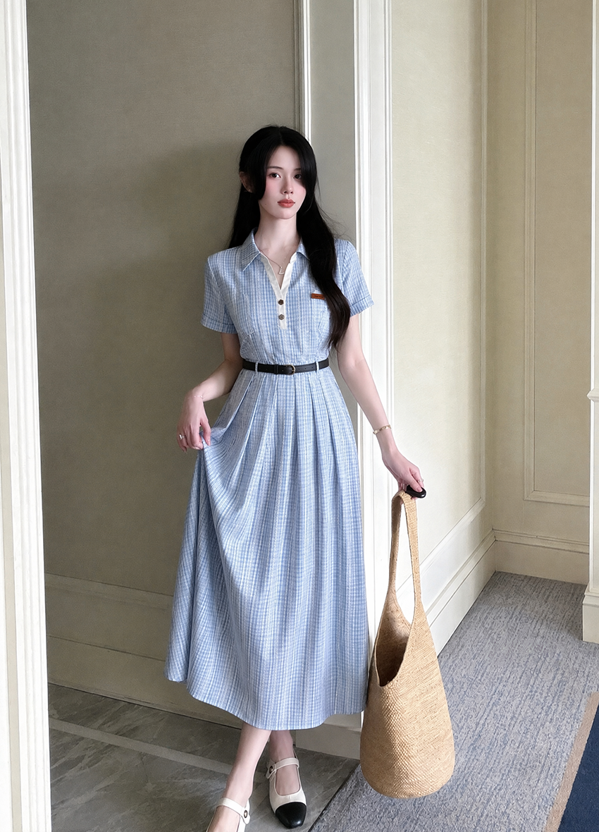 Light Blue Plaid Lapel Collar Pleated Midi Dress