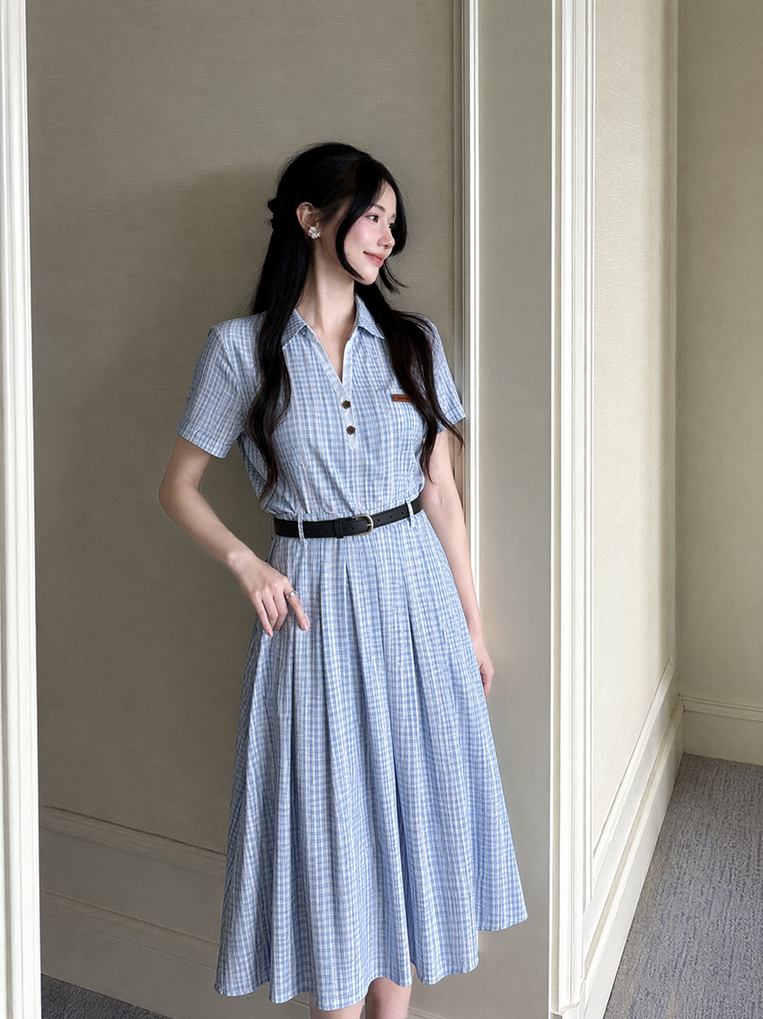Light Blue Plaid Lapel Collar Pleated Midi Dress