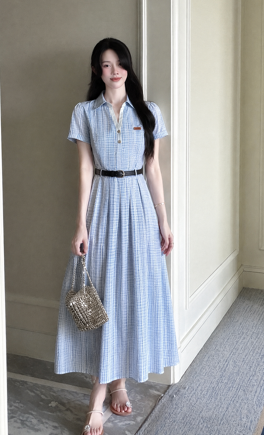 Light Blue Plaid Lapel Collar Pleated Midi Dress