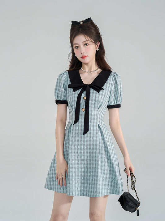 Light Blue Tweed Mini Dress with Black Sailor Collar and Bow