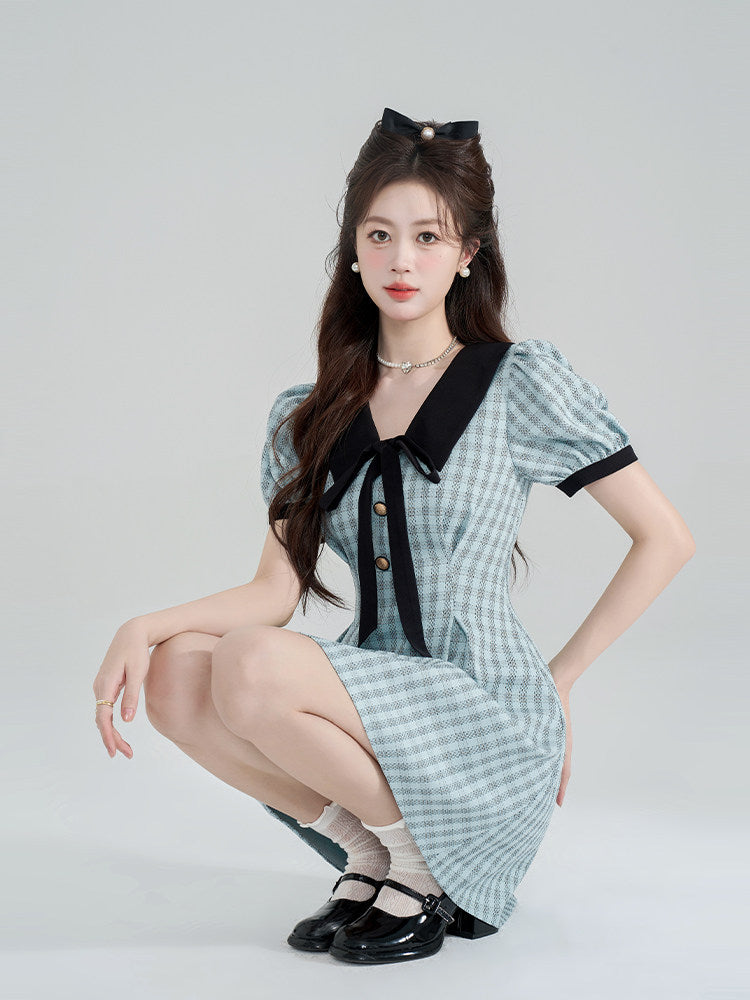 Light Blue Tweed Mini Dress with Black Sailor Collar and Bow