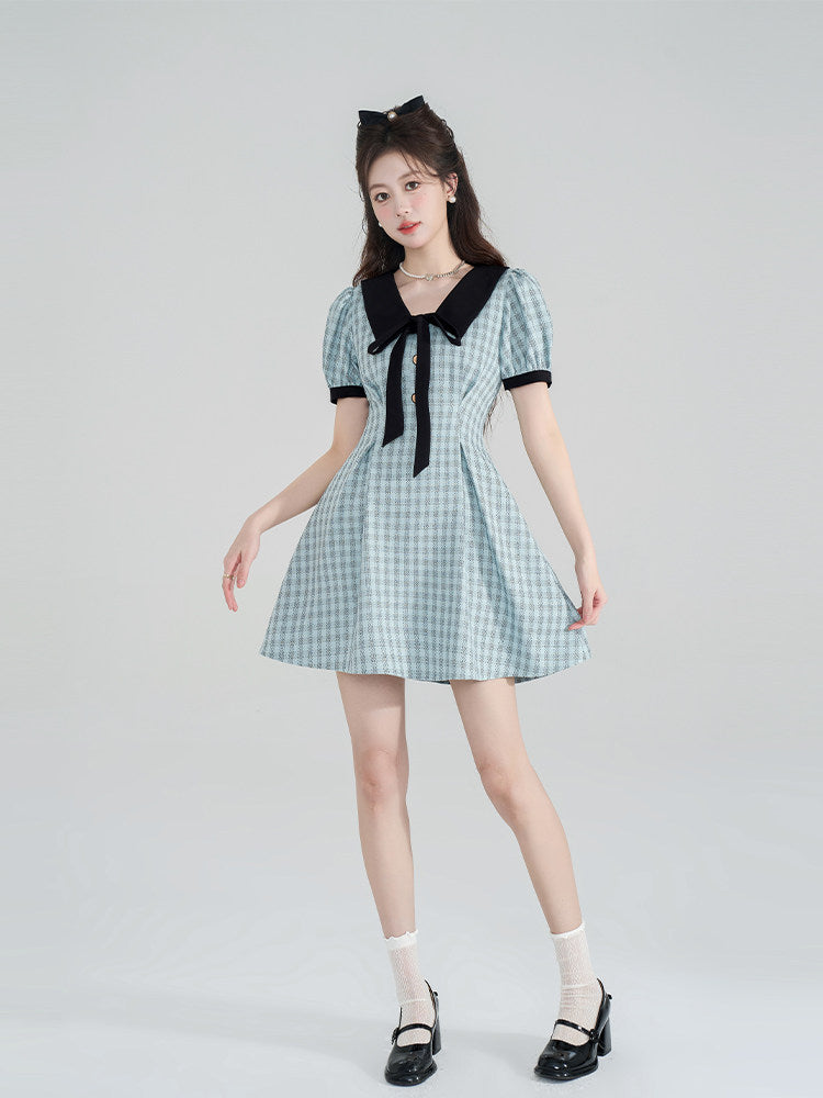 Light Blue Tweed Mini Dress with Black Sailor Collar and Bow