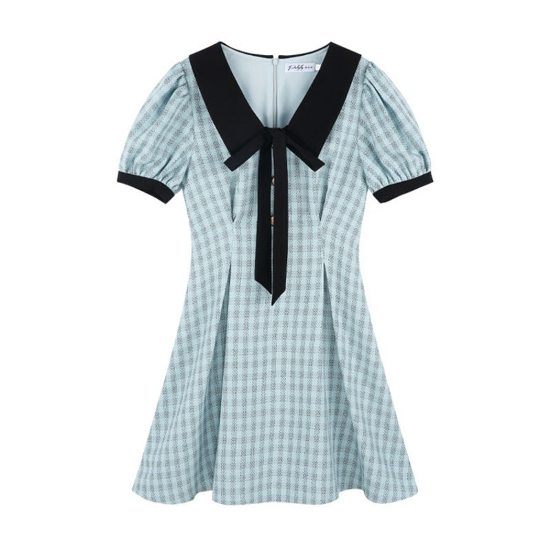 Light Blue Tweed Mini Dress with Black Sailor Collar and Bow