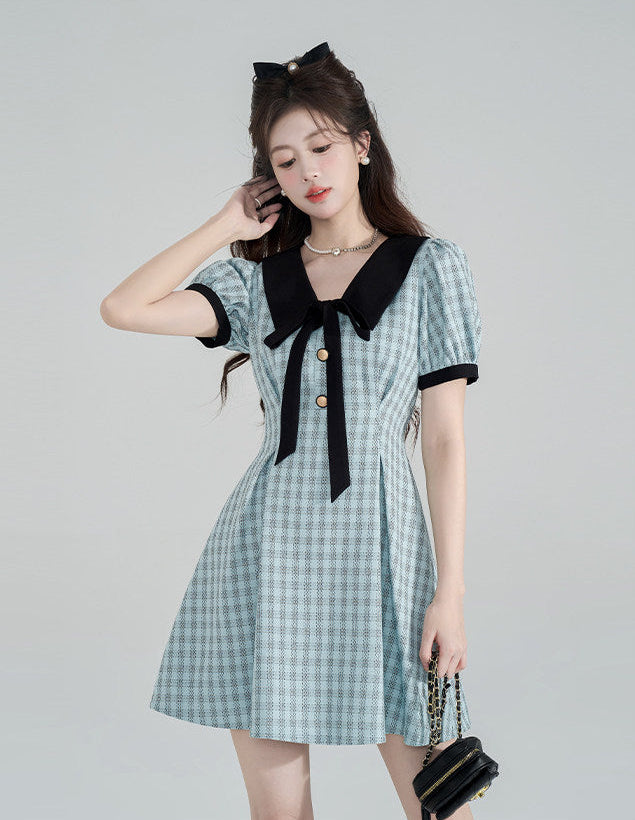 Light Blue Tweed Mini Dress with Black Sailor Collar and Bow