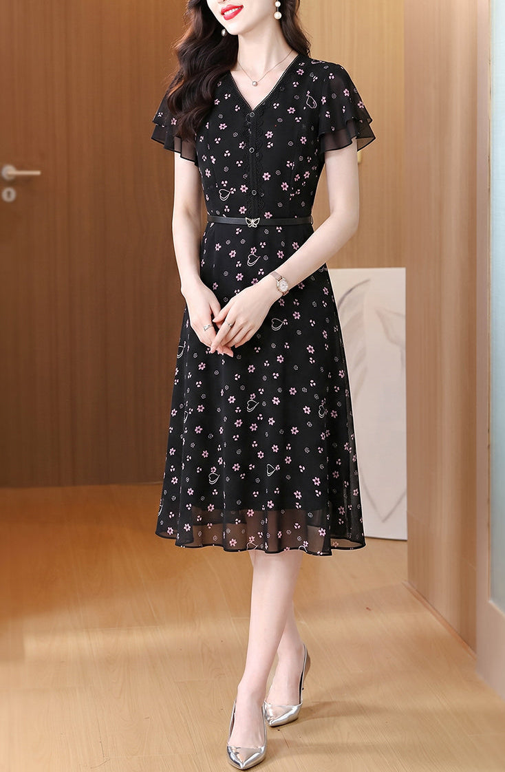 Lily Printed Black A-Line Midi Dress