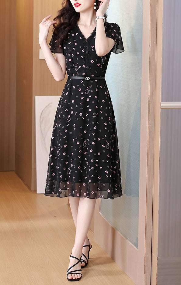Lily Printed Black A-Line Midi Dress