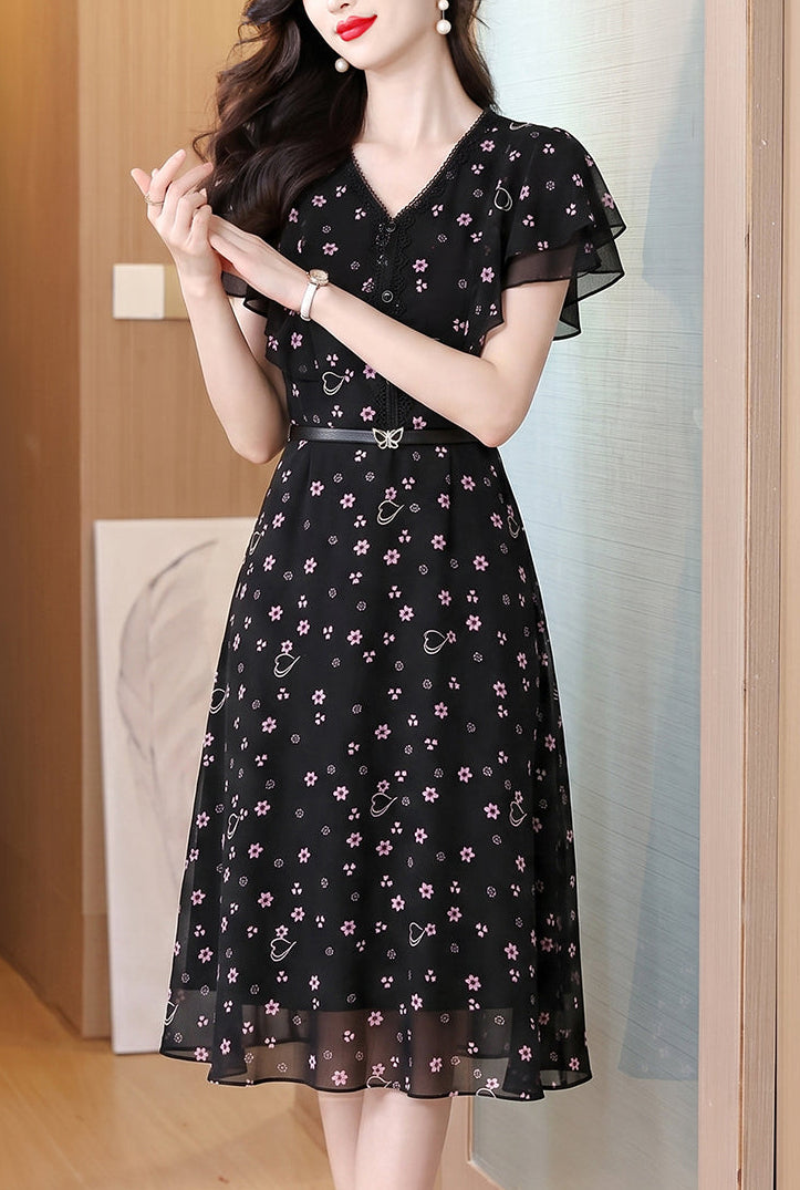 Lily Printed Black A-Line Midi Dress