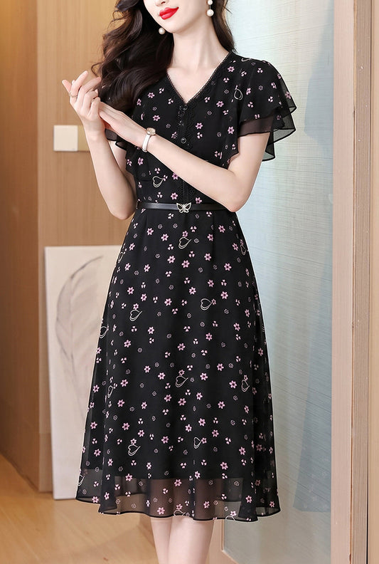 Lily Printed Black A-Line Midi Dress