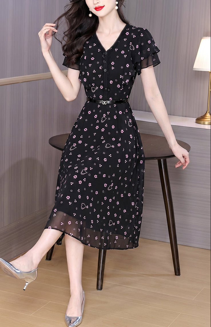 Lily Printed Black A-Line Midi Dress