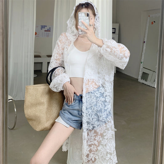 Lily White Floral Embroidered Hooded Cardigan
