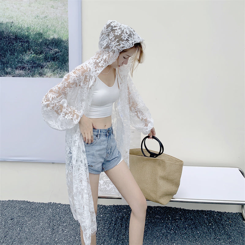 Lily White Floral Embroidered Hooded Cardigan