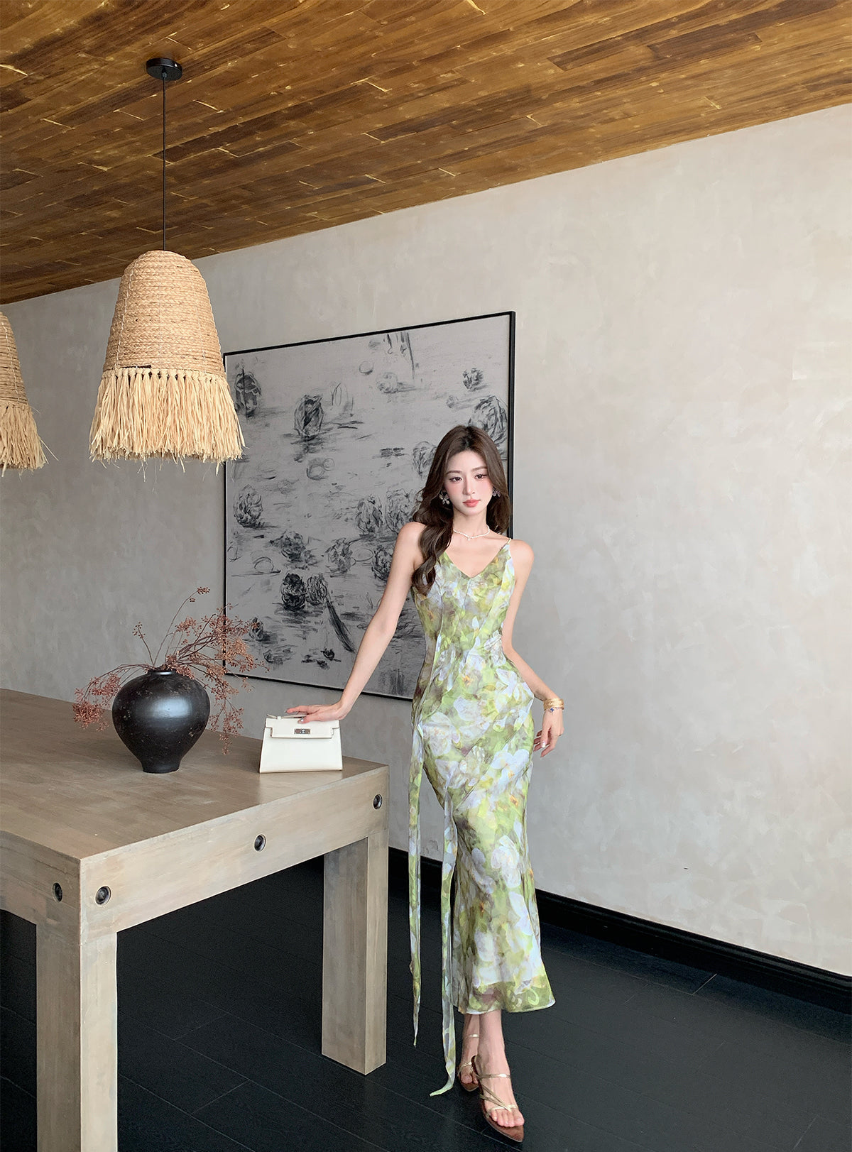 Lime Blossom Side-Tie Slip Dress