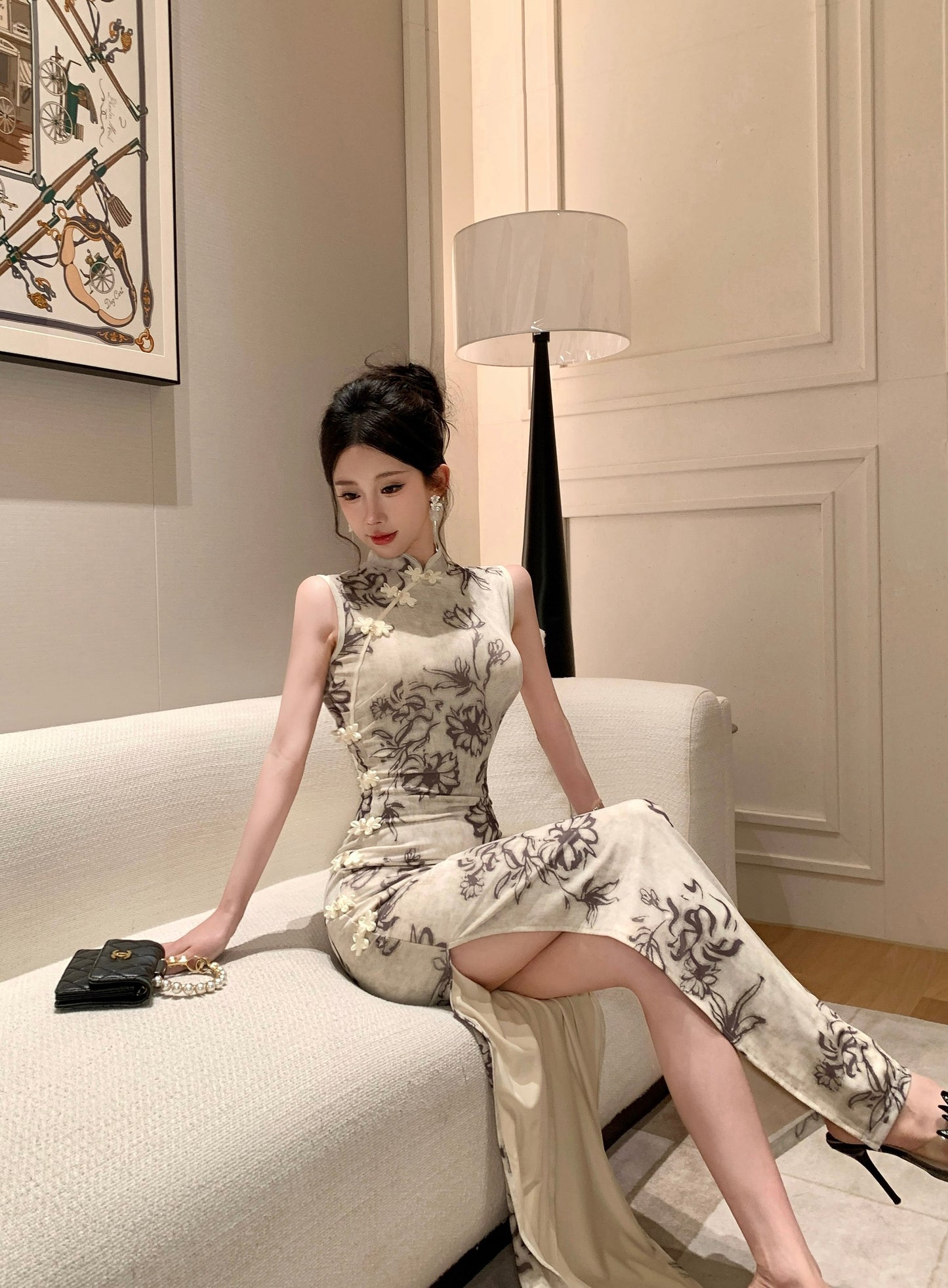 Linnea Charcoal Toile Mandarin Collar Cheongsam