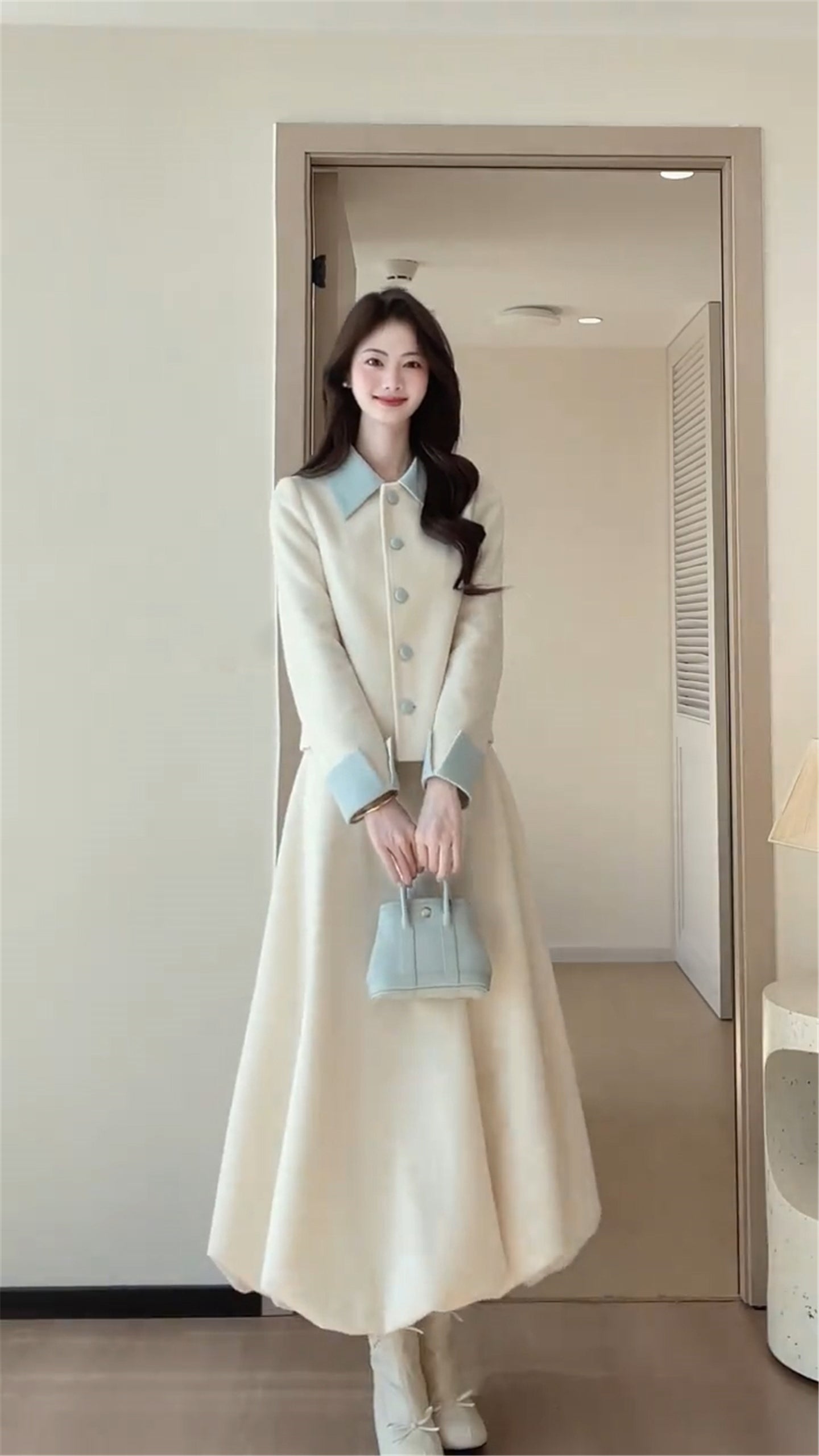 Elegant Hepburn Style Cropped Jacket With Lantern Hem Maxi Skirt