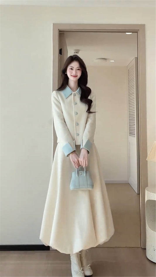 Elegant Hepburn Style Cropped Jacket With Lantern Hem Maxi Skirt