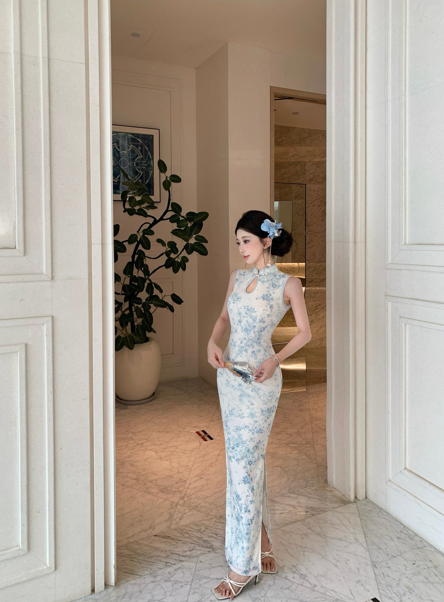 Lotus Blue Floral Mandarin Collar Cheongsam